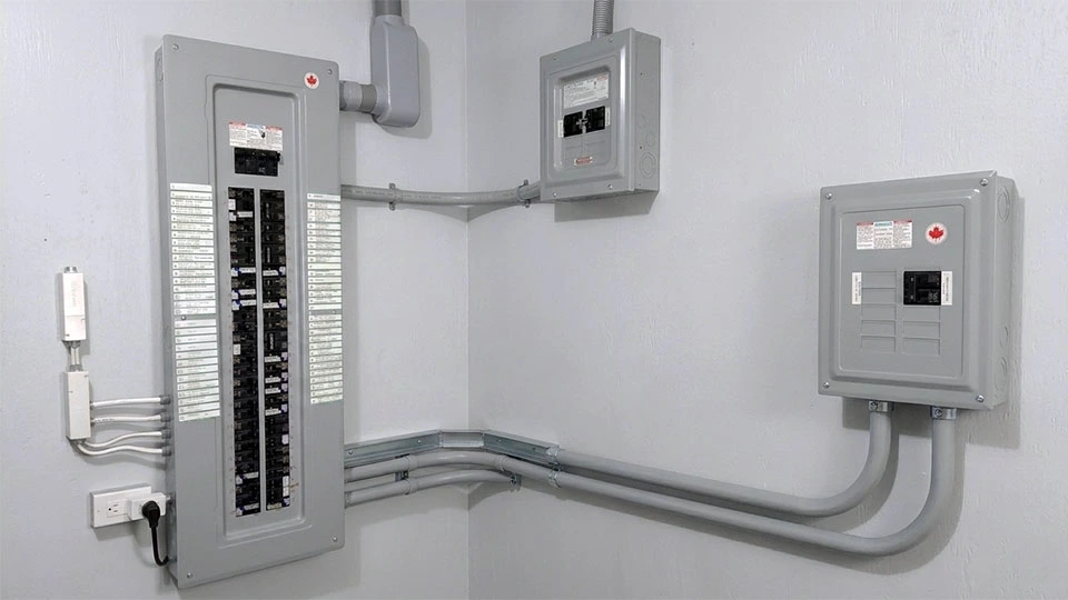 Residential electrical service panels installed for a high-capacity electrical service upgrade']